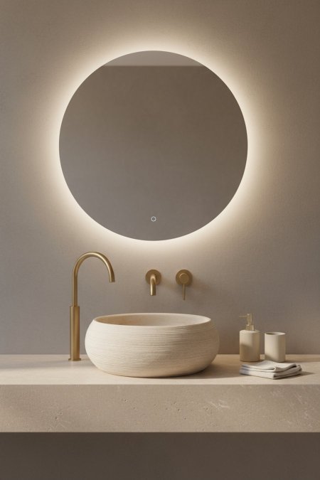 حوض مغسلة حجري بلون رملي – تصميم ناعم عصري